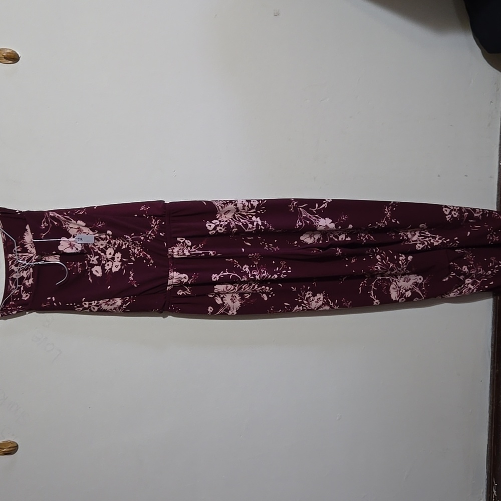 Stunning Floral Burgundy Jumpsuit Size Lg Adjustable Strap Wide Leg Tie Front - Picture 4 of 10